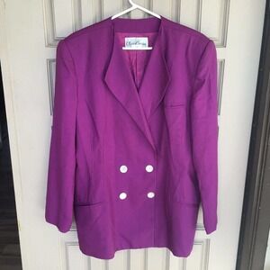 VTG Oleg Casini Double Breasted Raw Silk Jacket Purple Sz18 Lt Wear Pre-Owned